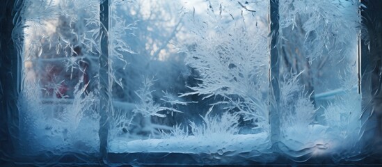 Wall Mural - A liquid window showcasing a natural landscape of a freezing snowy forest with an electric blue waterfall. The wood and snow create a mesmerizing view