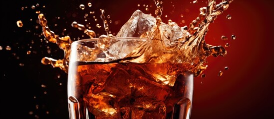 Canvas Print - A refreshing glass of cola with ice cubes floating in the liquid, creating a splash effect. Perfect for a hot summer day or as a beverage for any meal