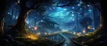 A Winding Road Cuts Through The Dense Forest, Lit Only By The Electric Blue Glow Of The Moon. The Night Sky Above Is Filled With Clouds, Creating An Eerie Yet Captivating Landscape
