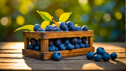Wall Mural - ripe blueberries in a wooden box in nature vitamin