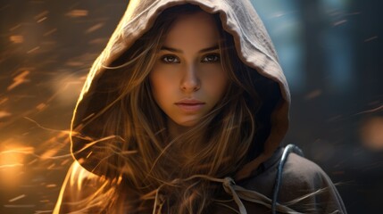 Wall Mural - A girl with long blond hair and brown eyes looks at the camera, has the hood of a cloak on her head, and sparks from the fire are flying around.