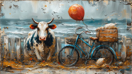 Wall Mural -  a painting of a cow standing next to a bike with a red balloon attached to the back of it's head.