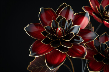 Wall Mural - Porcelain Ceramic Dahlia Flowers Sculpture, in red and black and gold, Black Background