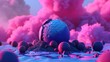 a bunch of balls sitting on top of a pile of sand in the middle of a blue and pink sky.