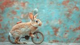 Fototapeta Pomosty -  a rabbit is riding a bike with a balloon attached to it's handlebars and it's ears are sticking out of the handlebars.