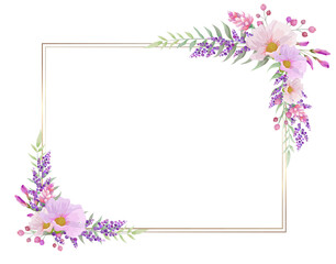 Wall Mural - Botanical rectangle frame and border of spring flower and leaf. Pink and purple wild flowers vector illustration.