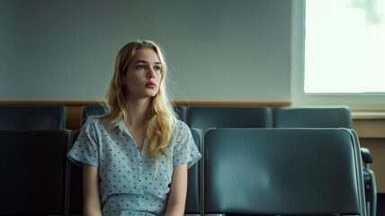 Pensive Young Woman in Clinic Waiting Area