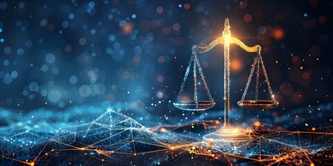 Modern digital law concept with scales symbolizing jurisprudence and justice system. Concept Law, Digital Law, Jurisprudence, Justice System, Scales of Justice