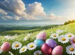 Colorful easter eggs and daisy flowers on meadow under beautiful sky. 3d rendering