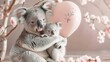  a koala holding a baby koala with a heart shaped balloon in front of a tree with pink flowers.