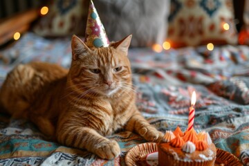 Orange cat celebrating with cupcake - Laid-back orange cat with a cute party hat on celebrating with a fancy cupcake and a single candle