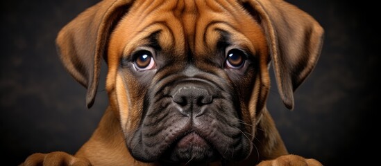 Canvas Print - A close up of a fawncolored Boxer puppy, a member of the Dog breed known for its wrinkled snout and being a companion dog in the Sporting Group