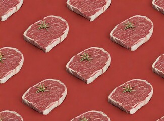 Wall Mural - Pattern beef steaks on red background. Food concept. 3d rendering