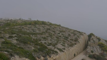 Wall Mural - Green road at Benekassim in Spain. Heavy fog on the Mediterranean coast in March. Province of Castellon