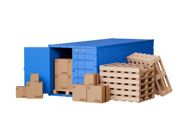 Wall Mural - 3d Open blue cargo container shipping and Cardboard boxes on pallet icon. Fast delivery concept. Online Shopping E-Commerce concept. Isolated on blue background. Copy space. Web banner. 3D rendering.