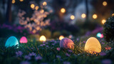 Fototapeta Mapy - Illuminated Easter Eggs in Nighttime Garden