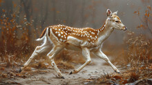  A Painting Of A Young Deer Running Through The Woods In The Snow With Snow Falling On The Ground And Trees In The Background.