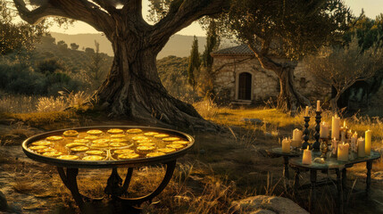 Poster - a table topped with lots of donuts on top of a field next to a tree and a stone building.