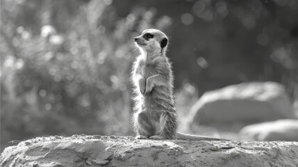 Wall Mural -  a black and white photo of a meerkat standing on its hind legs on top of a large rock.