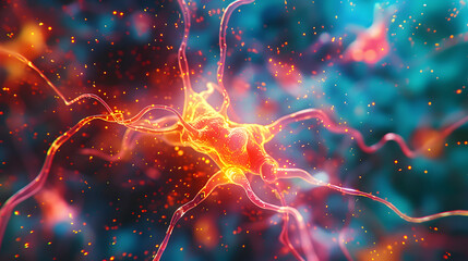 Poster - Close up active nerve cells. Human brain stimulation or activity with neurons, level of mind, intellectual achievements, possibility of people's intelligence, development of mental abilities concept