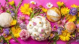 Fototapeta Mapy - a table topped with lots of different types of flowers next to a croissant on top of a pink surface.