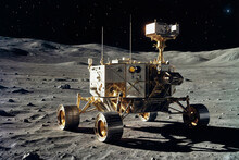 A Space Rover Is On The Moon Against The Backdrop Of Starry Space. The Rover Is Yellow And Has A Gold Color