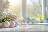 Fototapeta Konie - Easter Eggs with Spring Flowers Still Life on Kitchen Window Background with Copy Space