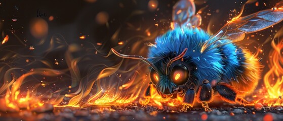 Leinwandbilder - a blue and yellow fire bug sitting on top of a pile of fire next to a black and orange background.