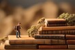 Miniature people : Businessman standing on pile of books. Education concept.