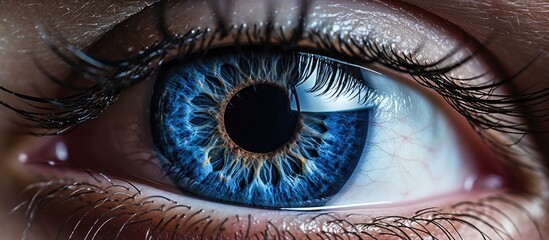 Poster - A closeup of a womans electric blue iris and eyelashes, captured in mesmerizing macro photography. The circle of her eye is an art of nerve and beauty, enhanced by eye shadow