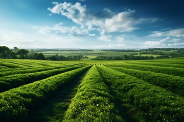 Green soybean field under blue sky with white clouds, agricultural landscape