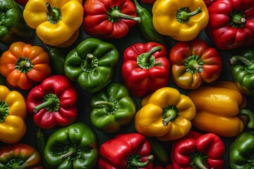 Wall Mural - Vibrant Array of Bell Peppers on a Sleek Dark Surface, Close-Up