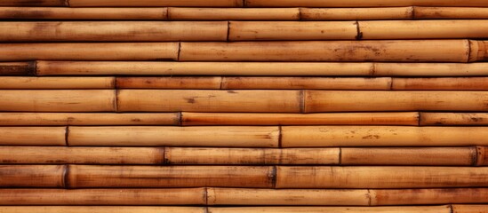 Canvas Print - A closeup of a wooden wall made of bamboo sticks with a rich brown hue resembling brickwork. The amber wood stain enhances the natural patterns and textures of the material