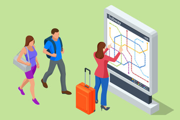 Wall Mural - Isometric passengers looking at the metro map, metro or subway map. Underground way. Fictional metro map. Subway station platform. High speed train.