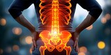 Fototapeta  - Sciatic nerve inflammation illustrated symptoms diagnosis treatment options for lower back pain. Concept Symptoms of sciatic nerve inflammation, diagnosis methods