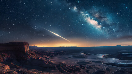 desert at night, stars in sky, asteroid:4 flying across the sky lighting the land up beneath it, stunning, 132k HDR