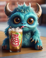 Wall Mural - Cute little 3d monster drinking soda, for characters design, for ilustrations design, for 3d design.