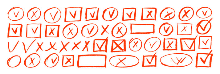 Hand drawn red charcoal check marks and crosses in oval or square frames.