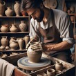 Master Potter Shaping Clay on a Wheel in a Sunlit Artisan Workshop