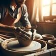Master Potter Shaping Clay on a Wheel in a Sunlit Artisan Workshop