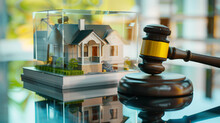 An AI-powered Drone Photographing A Miniature House Encased In A Transparent Cube, Juxtaposed With A Judge's Gavel On A Reflective Surface, Symbolizing The Legal Aspects Of Property Ownership.
