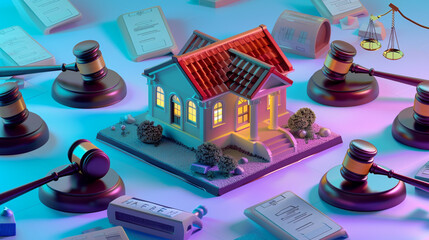 Wall Mural - An AI-generated visualization of a miniature house surrounded by virtual auction paddles, with a judge's gavel placed on a futuristic podium.