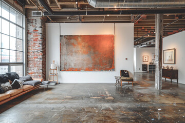 Wall Mural - An artist's studio apartment with vaulted ceilings and industrial-chic decor, showcasing a blank wall ready for a rotating exhibit of original paintings.