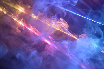 Laser beams intersecting in a haze of smoke to reveal diffraction patterns.