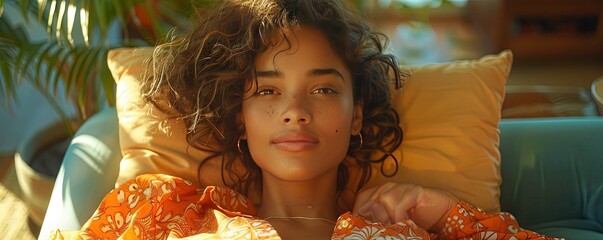 Wall Mural - young woman lying down on sofa in the sun