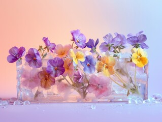 Wall Mural - Colorful spring flowers frost in ice block against pale pastel background