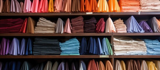 Poster - A photograph captures a shelf filled with a variety of colored fabrics neatly organized on wooden shelving. It resembles an art piece in a publication or snapshot of a creative space