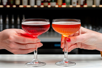 Close-up of two  hands holding glasses with cocktails at a bar, Cropped image of friends clinking glasses with cocktails 