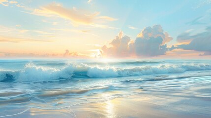 Wall Mural - A tranquil morning seascape with soft pastel colors and smooth waves, oil painting style.