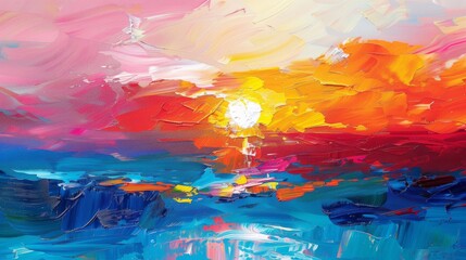 Wall Mural - Abstract representation of a sunrise over the sea, with vibrant colors and oil paint strokes.